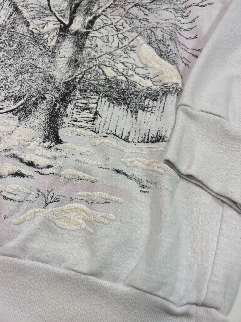 Vintage 1995 Winter Landscape Big Graphic Sweatshirt Size Medium White 90s