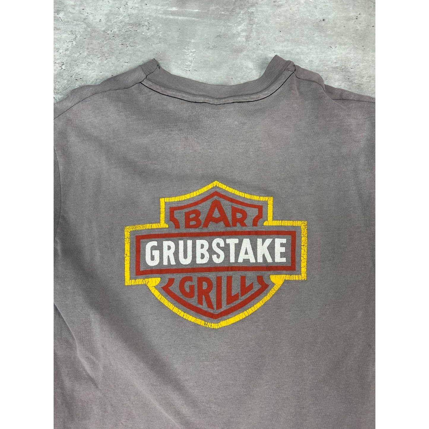 Vintage 90s Grubstake Bar & Grill Harley Parody Graphic T-Shirt Size Large Black