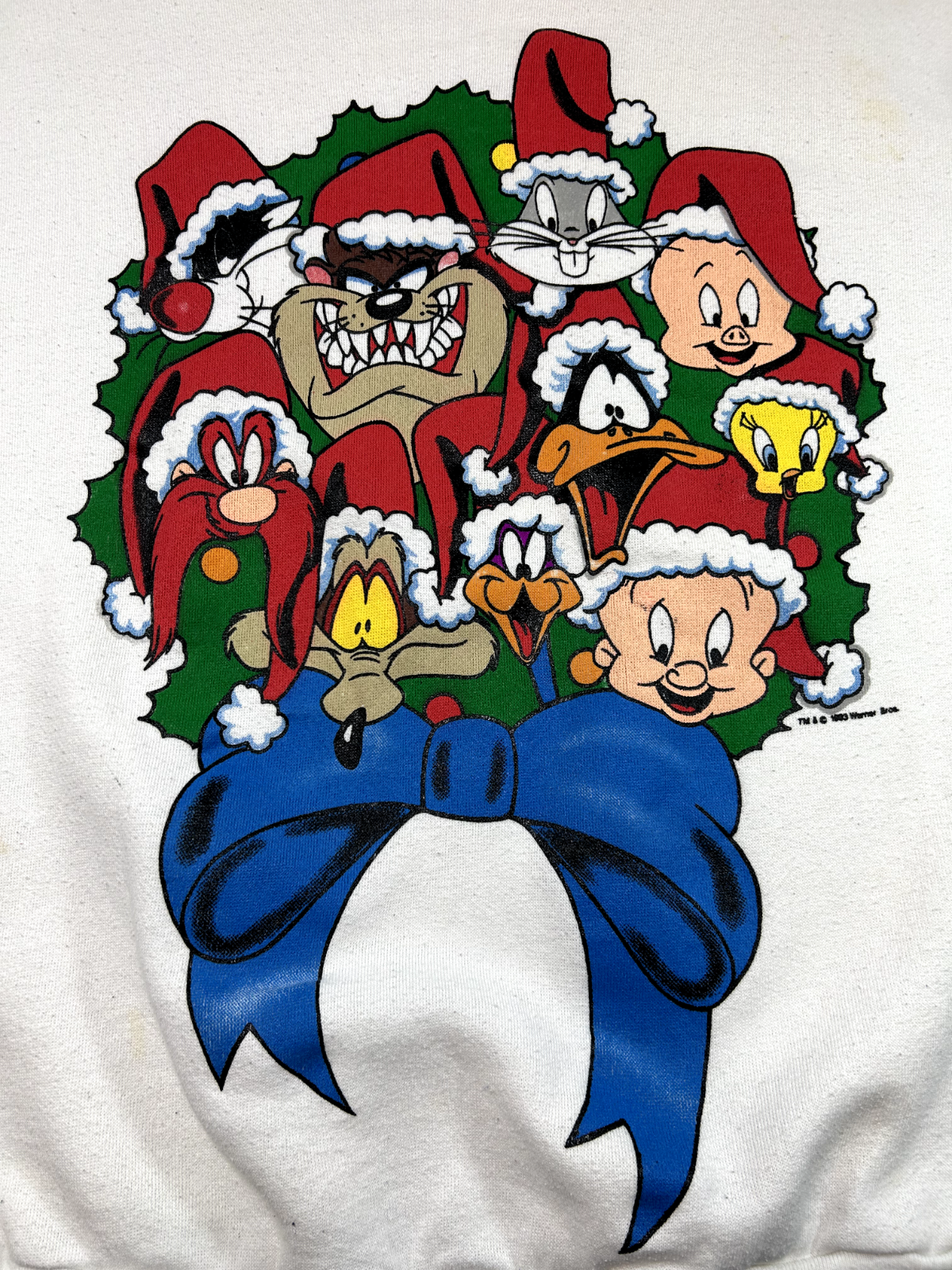 Vintage 1993 Looney Tunes Crew Christmas Graphic Sweatshirt Size XL White 90s