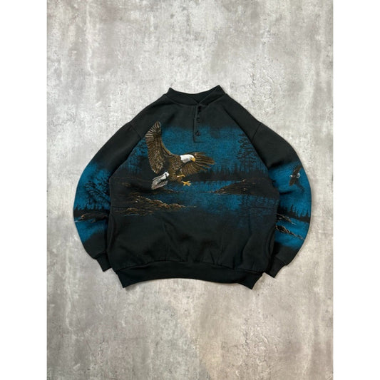 Vintage 90s Bald Eagle Nature Graphic All Over Print 1/4 Button Sweatshirt Sz L