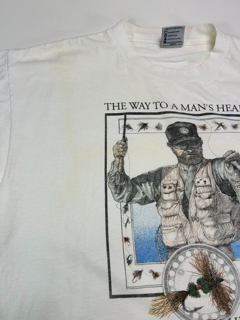 Vintage 1993 The Way To A Mans Hearts Fishing Comedy Graphic T-Shirt Size XL