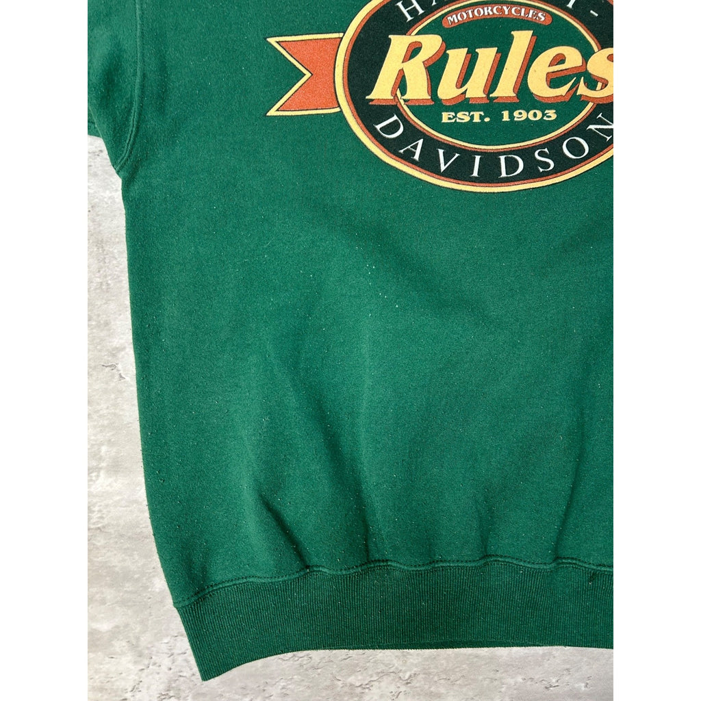 Vintage 90s Harley Davidson Rules Spellout Graphic Green Sweatshirt Size Large