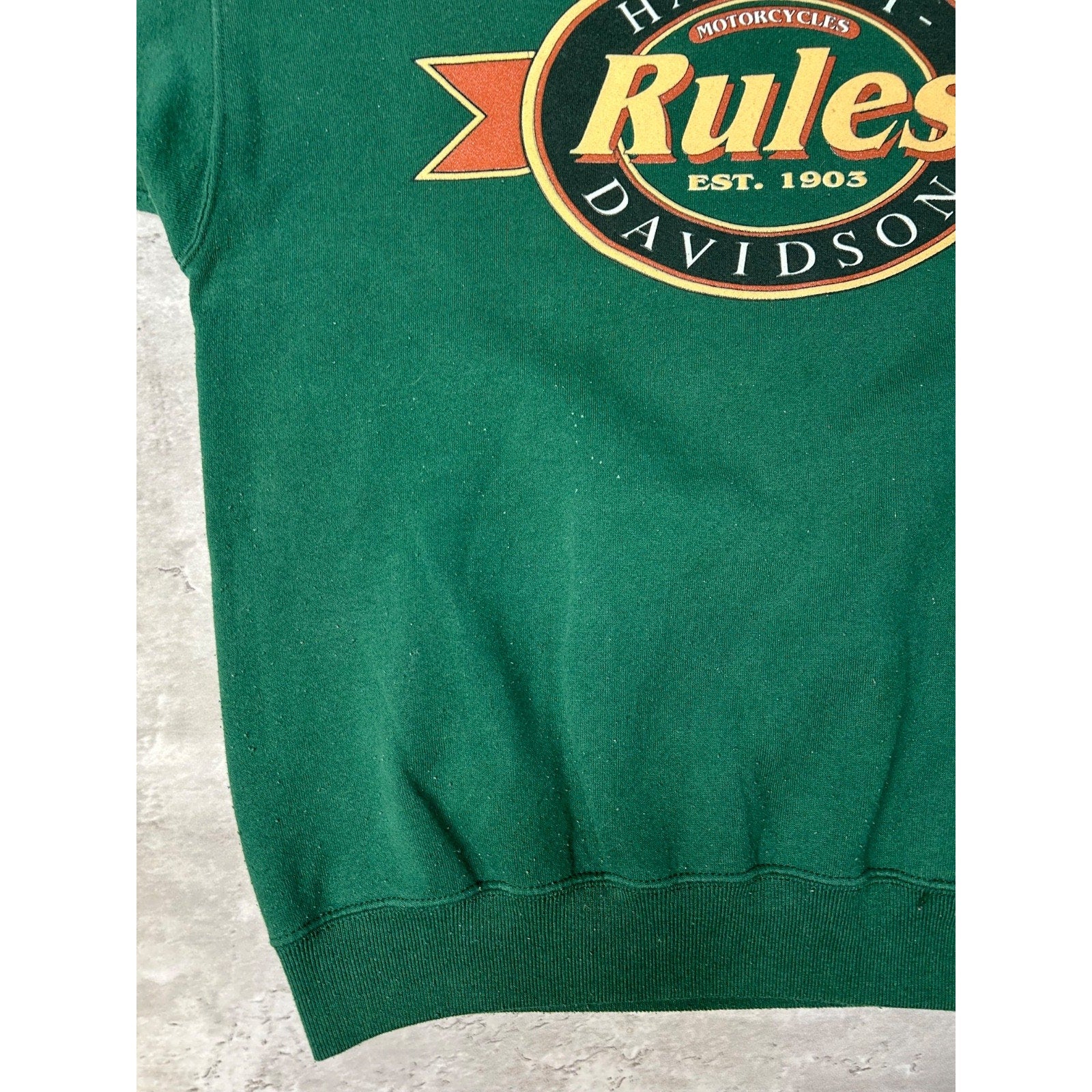 Vintage 90s Harley Davidson Rules Spellout Graphic Green Sweatshirt Size Large