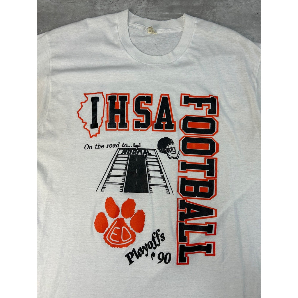 Vintage 1990 IHSA Football Playoffs Collegiate Spellout Graphic T-Shirt Size 2XL