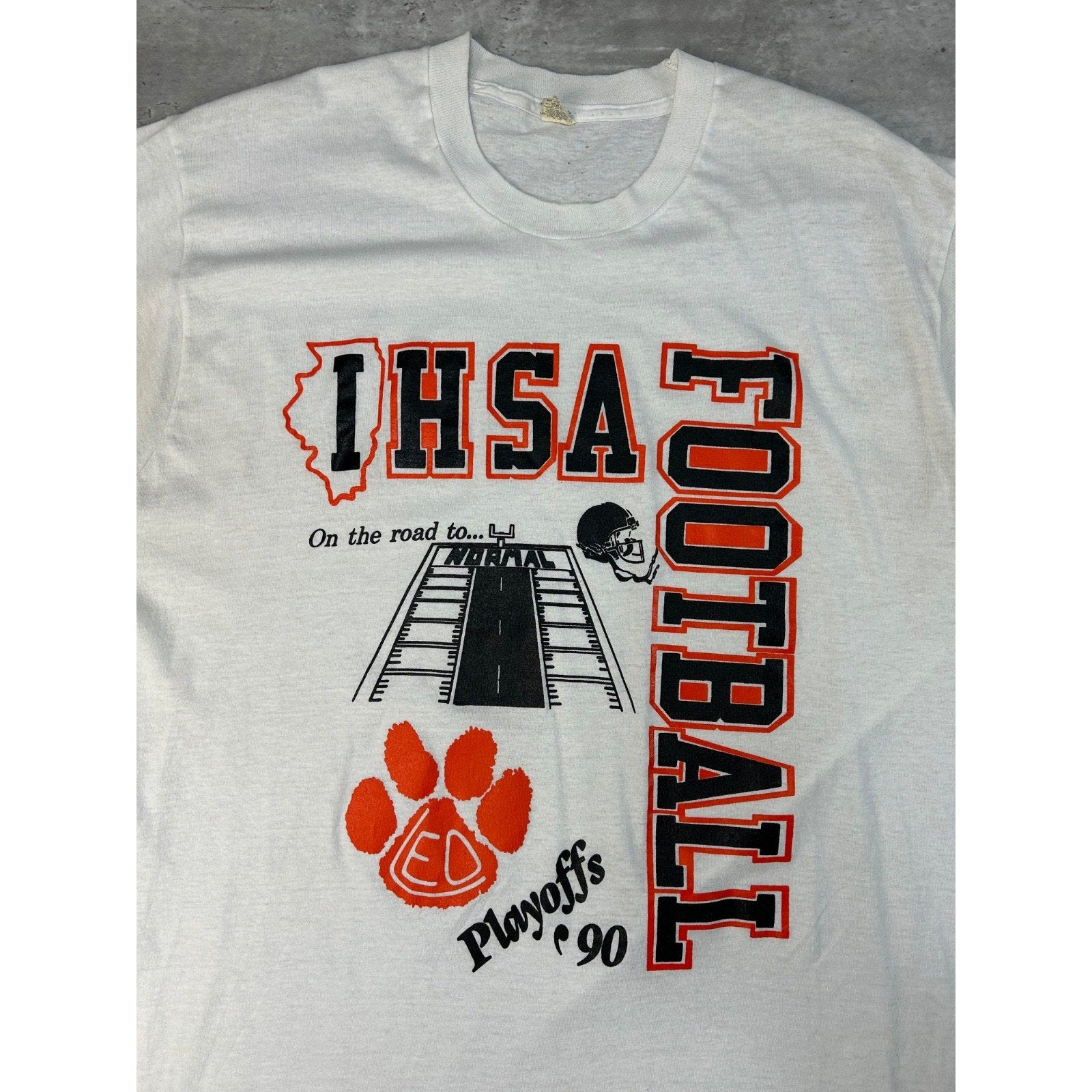 Vintage 1990 IHSA Football Playoffs Collegiate Spellout Graphic T-Shirt Size 2XL