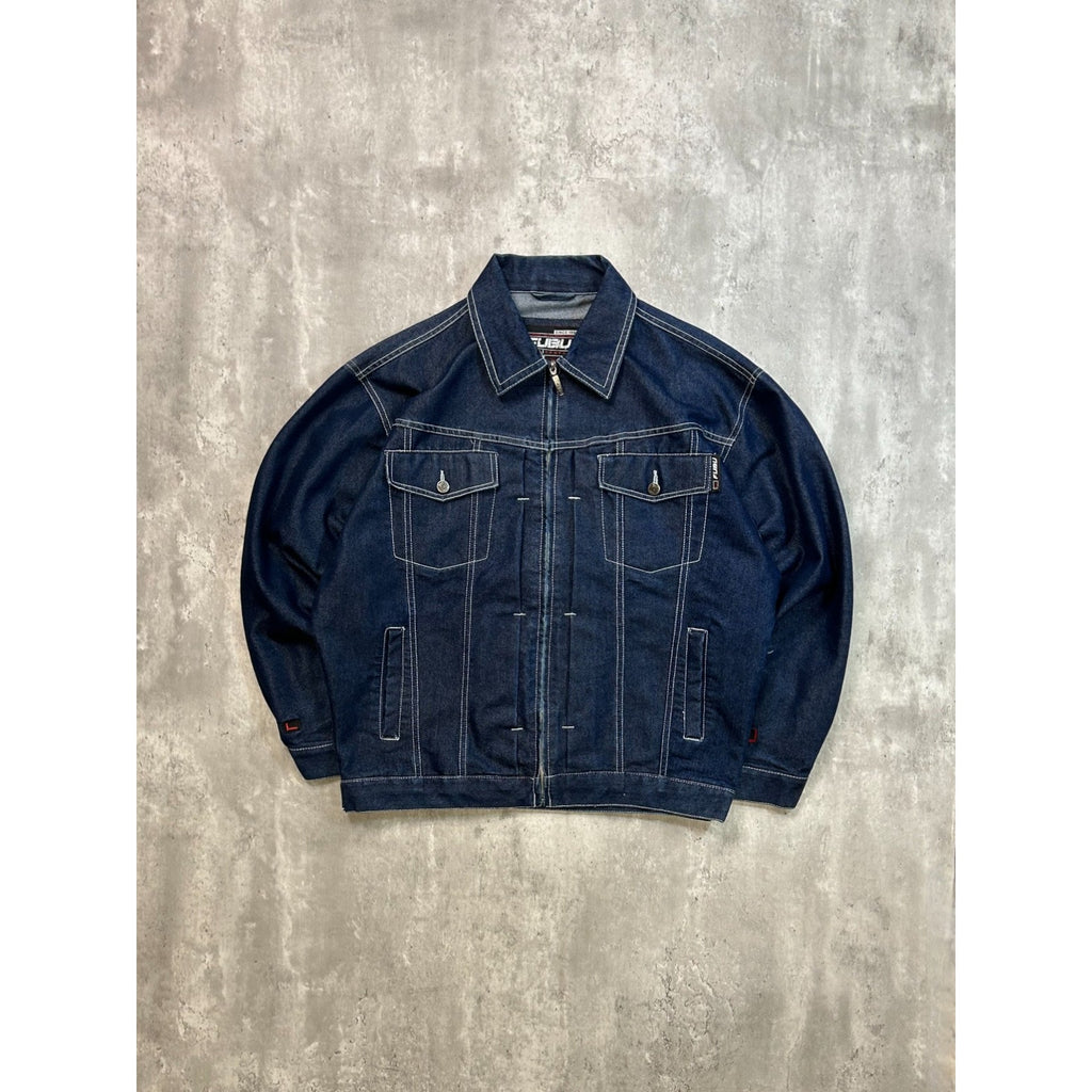 Vintage Y2K Fubu Dark Wash Denim Contrast Stitch Trucker Jacket Size Large