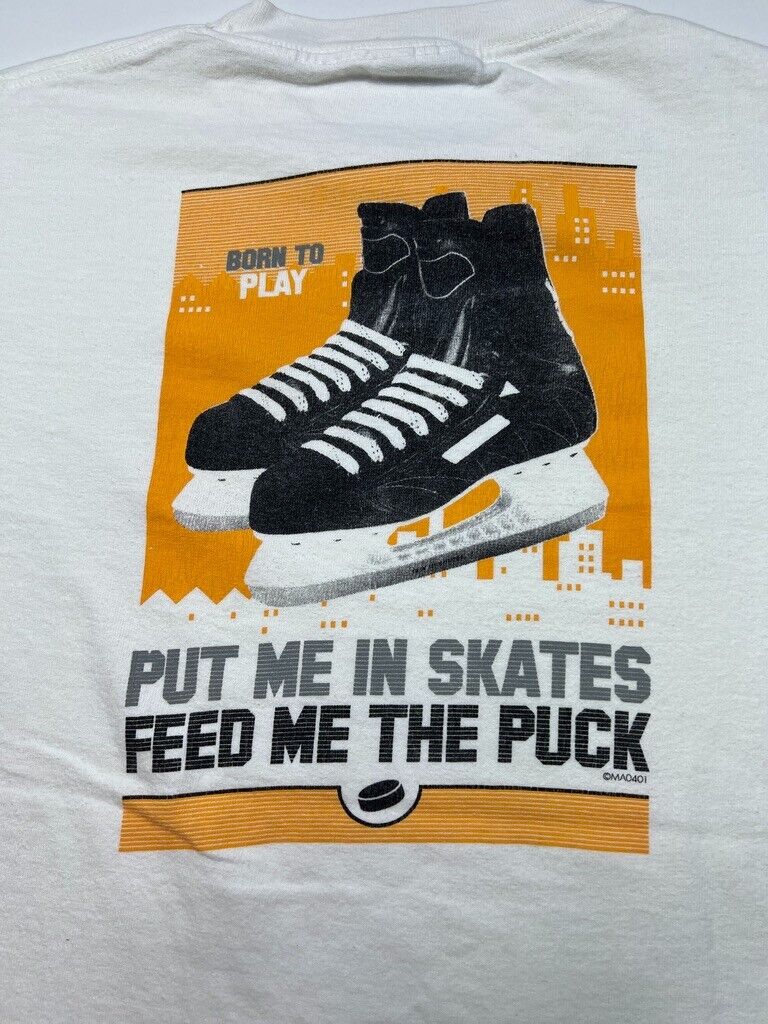 Vintage 90s Put Me In Skates Feed Me The Puck Hockey Graphic T-Shirt Size Medium