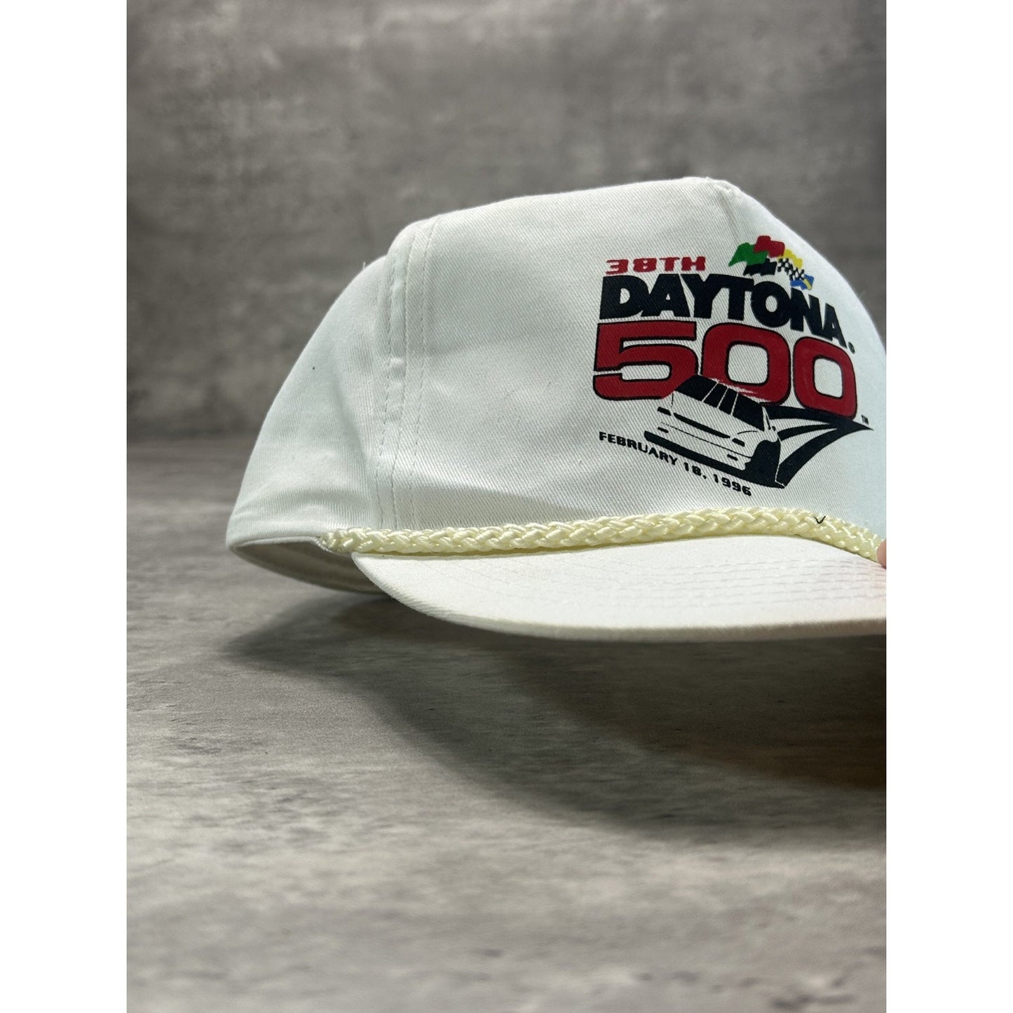 Vintage 1996 Daytona 500 Graphic Spellout Nascar Snapback Hat OSFA White