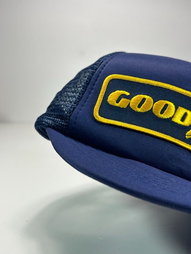 Vintage 80s/90s Goodyear Embroidered Patch Trucker Snapback Hat OSFA Blue