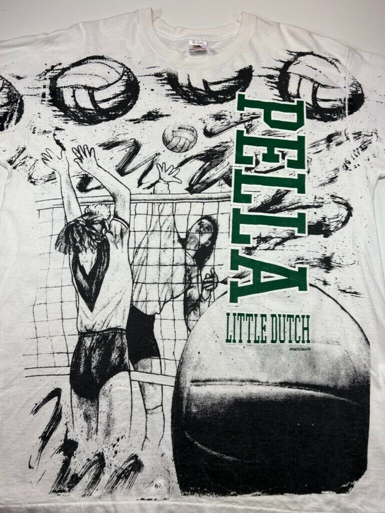 Vintage 90s Pella Little Dutch Volleyball All Over Print Graphic T-Shirt Size XL