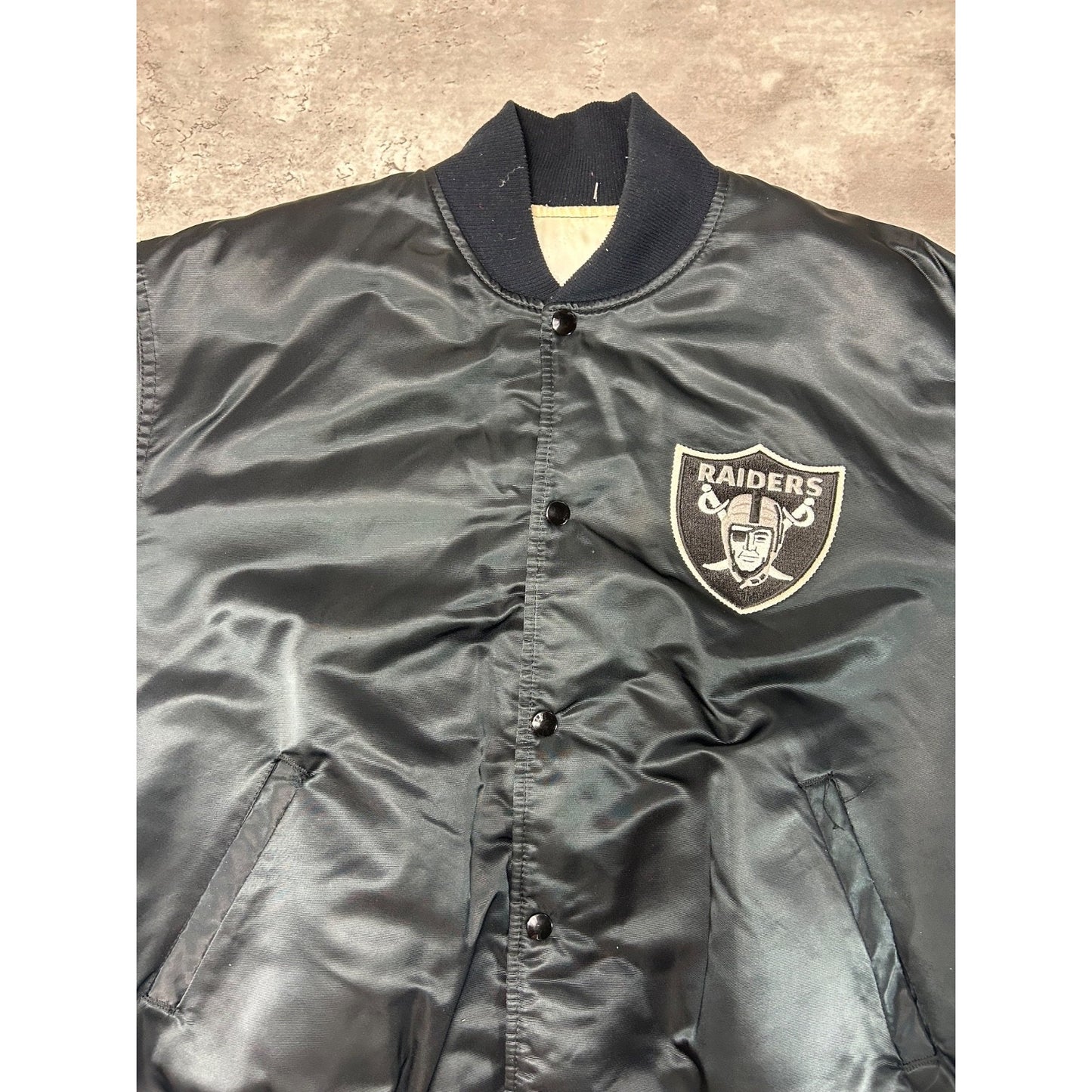 Vintage 90s Oakland Raiders NFL Starter Satin Bomber Jacket Size Large Black