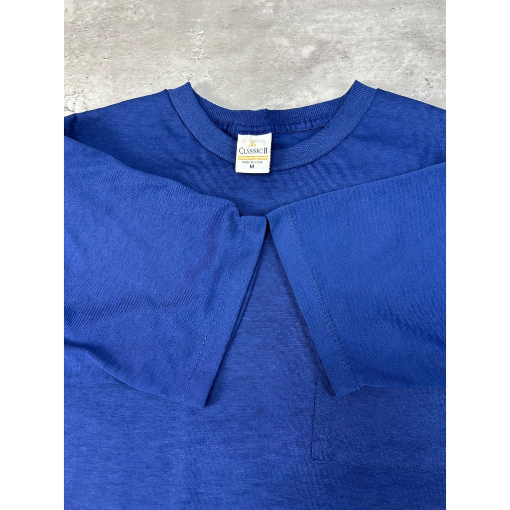 Vintage 80s/90s Class Navy Blue Blank Pocket T-Shirt Size Medium