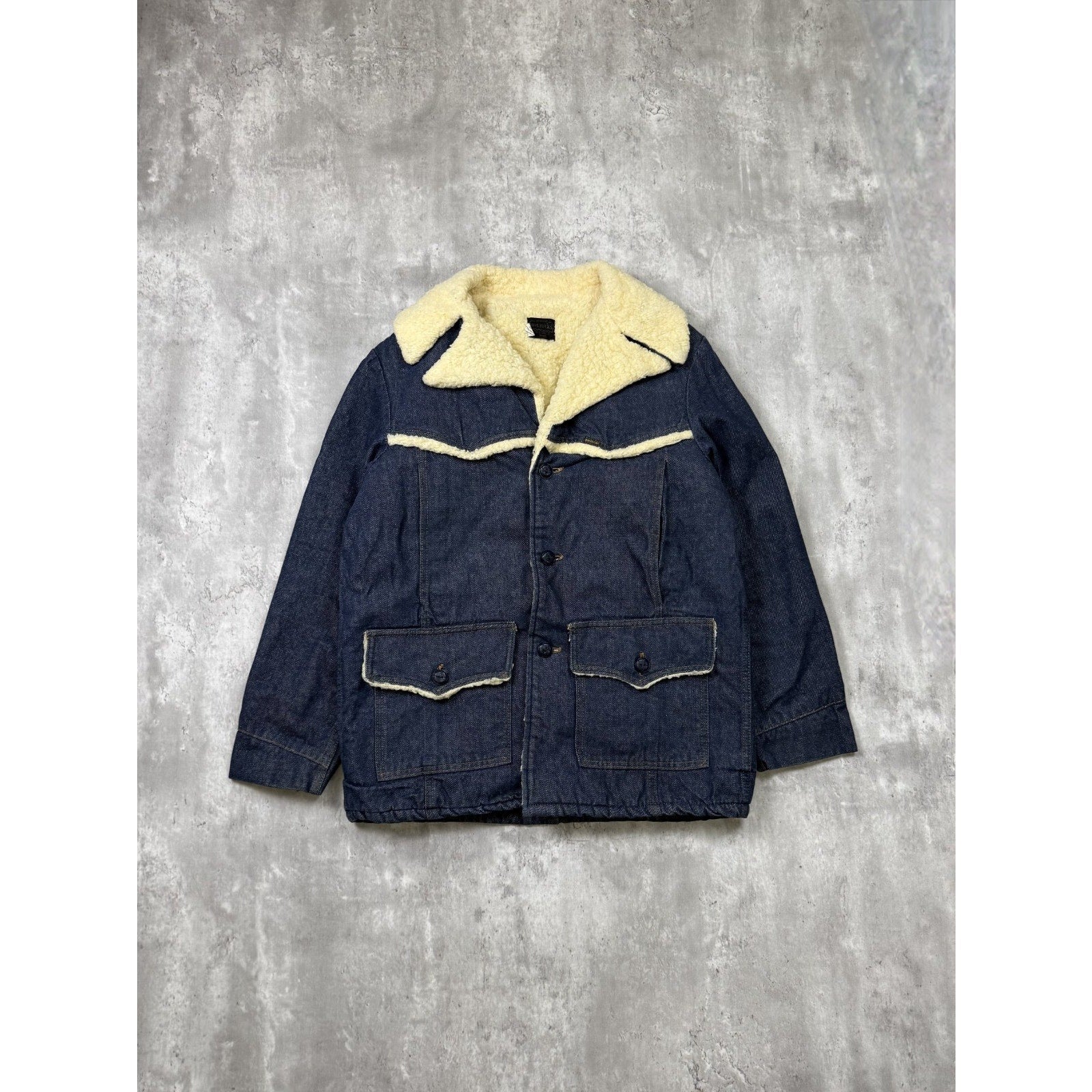 Vintage 1960s Sears Roebucks Dark Wash Denim Sherpa Collar Jacket Size Large