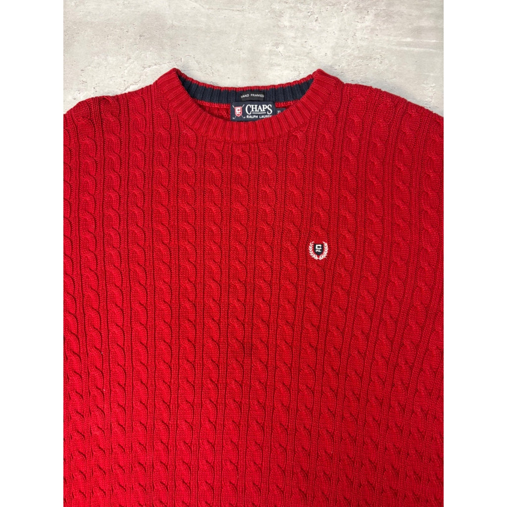 Vintage Chaps Embroidered Crest Pullover Red Cable Knit Sweater Size XL