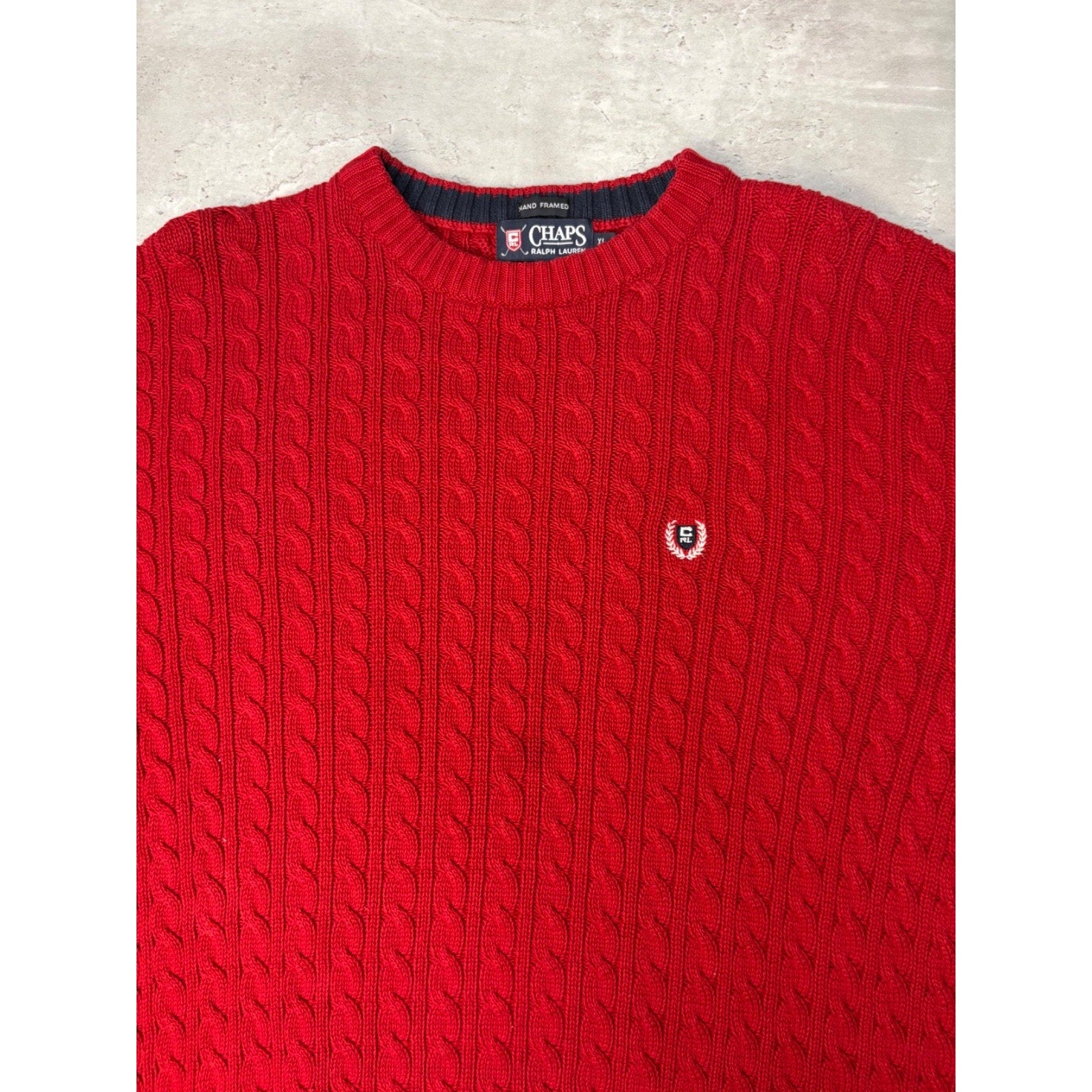 Vintage Chaps Embroidered Crest Pullover Red Cable Knit Sweater Size XL