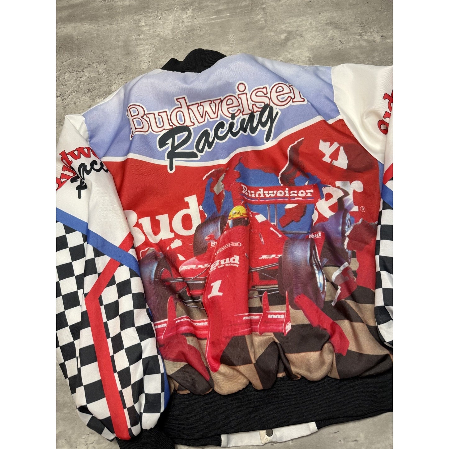 Vintage 90s Budweiser Racing Nascar Chalk Line Bomber Jacket Size 2XL