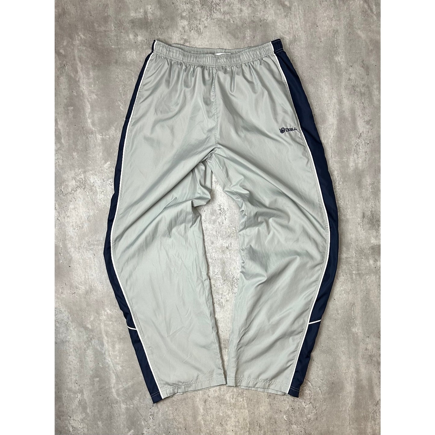 Vintage 90s Drill Embroidered Spellout Two Tone Nylon Track Pants Size Medium