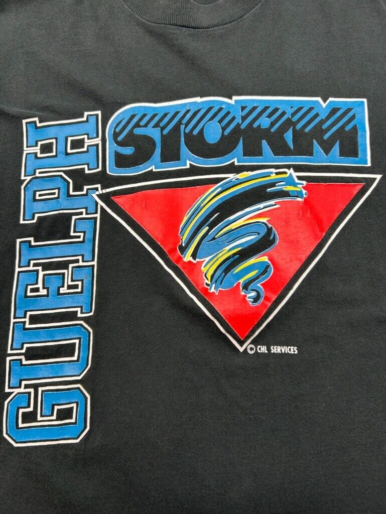 Vintage 90s Guelph Storm CHL Hockey Graphic Spellout T-Shirt Size Large Black