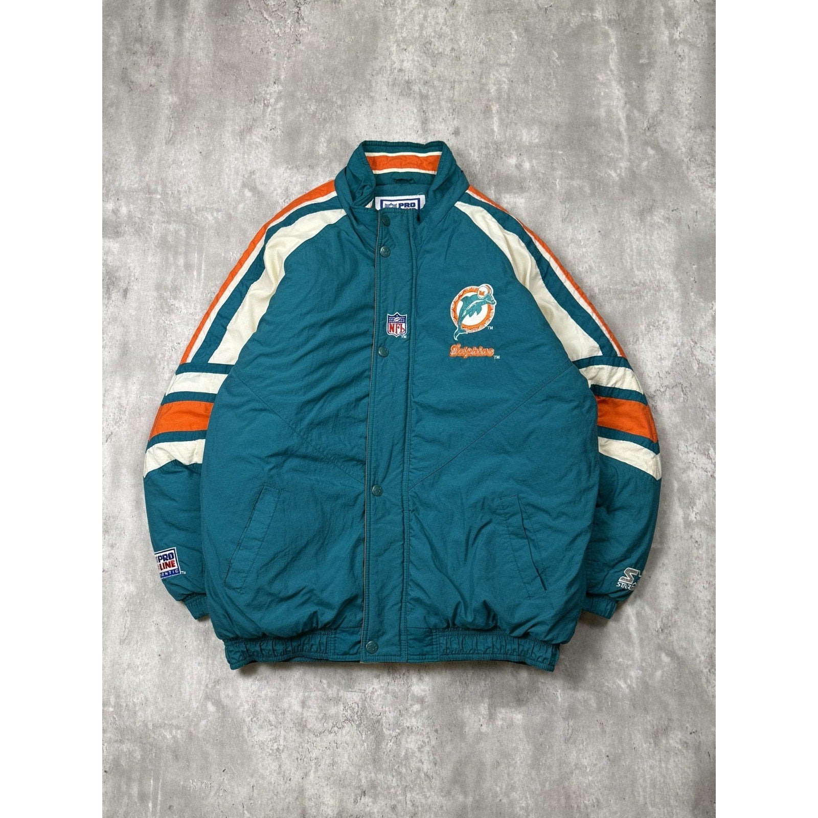 Vintage 90s Miami Dolphins NFL Embroidered Starter Bomber Jacket Size Large