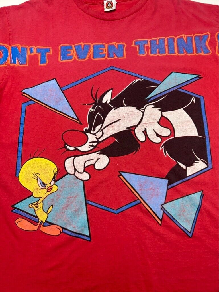 Vintage 90s Looney Tunes Tweety Dont Even Think It Big Graphic T-Shirt Size XL