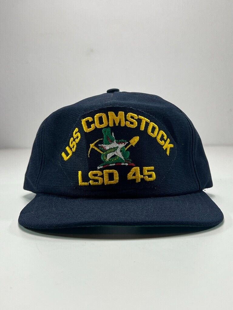 Vintage 90s USS Comstock LSD 45 US Navy Embroidered Spellout Snapback Hat OSFA