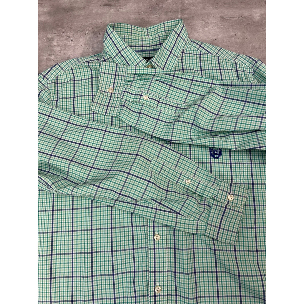 Vintage Chaps Plaid Print Reworked Cropped Long Sleeve Button Up Shirt Sz Large