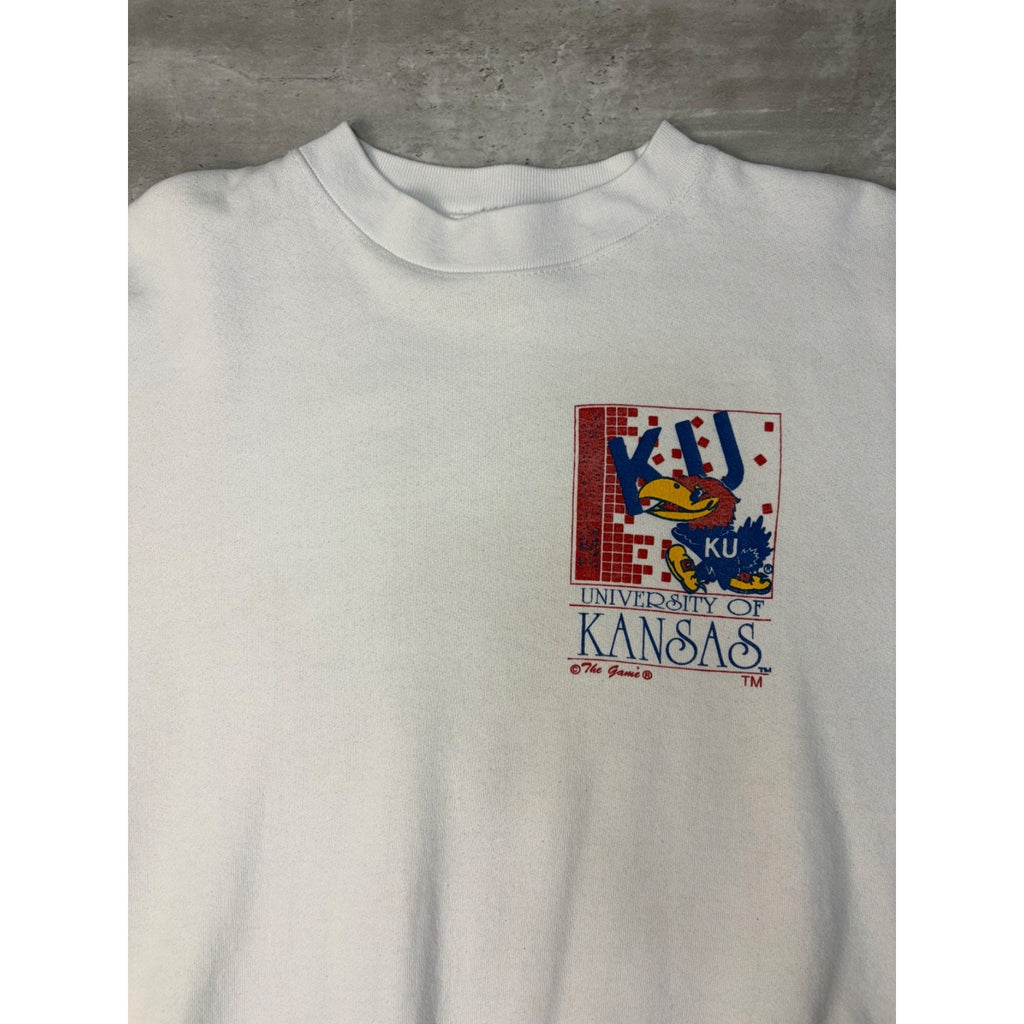 90s University Of Kansas NCAA Mascot Graphic Spellout Sweatshirt Size Large