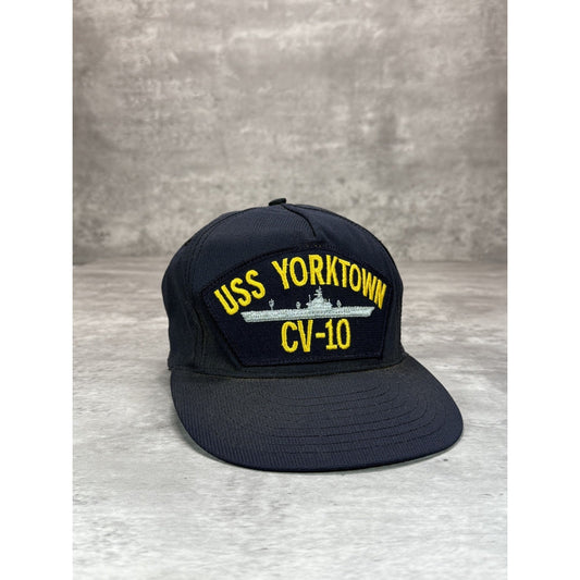 Vintage 90s USS Yorktown US Navy Embroidered Spellout Snapback Hat OSFA Blue