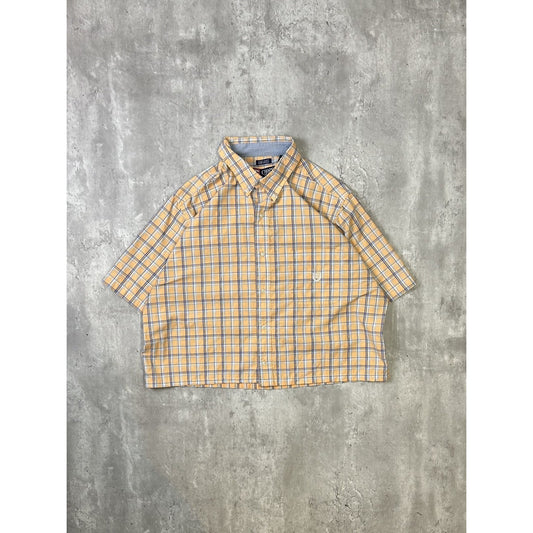 Vintage Chaps Plaid Print Short Sleeve Reworked Cropped Button Up Shirt Size XL