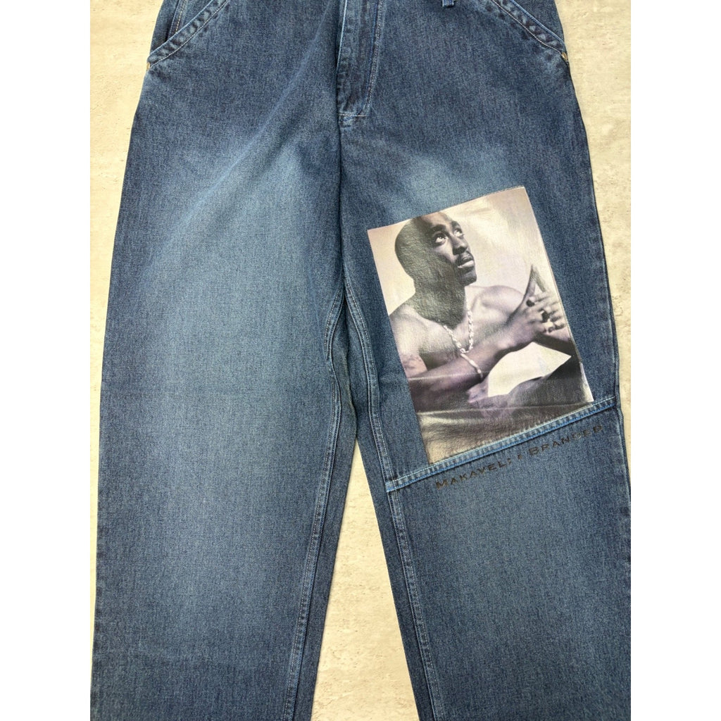 Vintage Y2K Makaveli Tupac Graphic Gothic Script Dark Wash Denim Pants