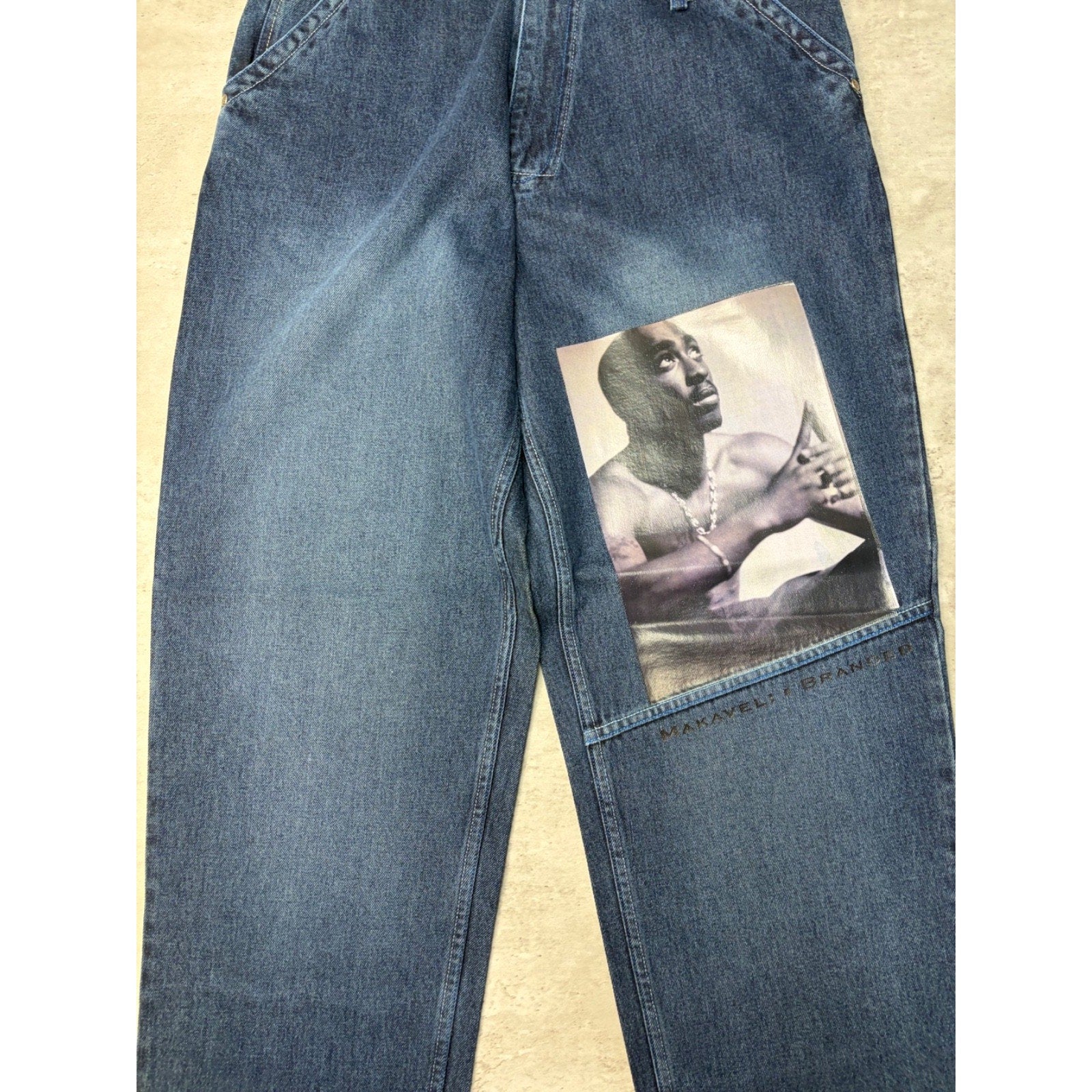 Vintage Y2K Makaveli Tupac Graphic Gothic Script Dark Wash Denim Pants