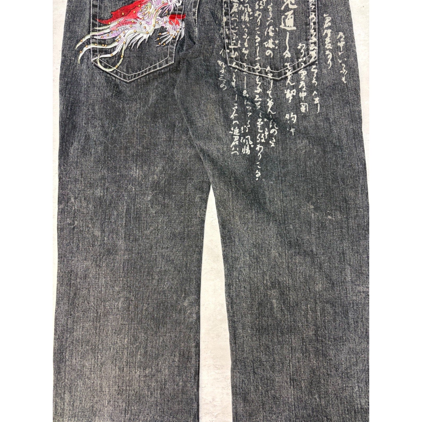 Vintage Y2K Kanii Embroidered Dragon Baggy Fit Black Denim Pants Size 41