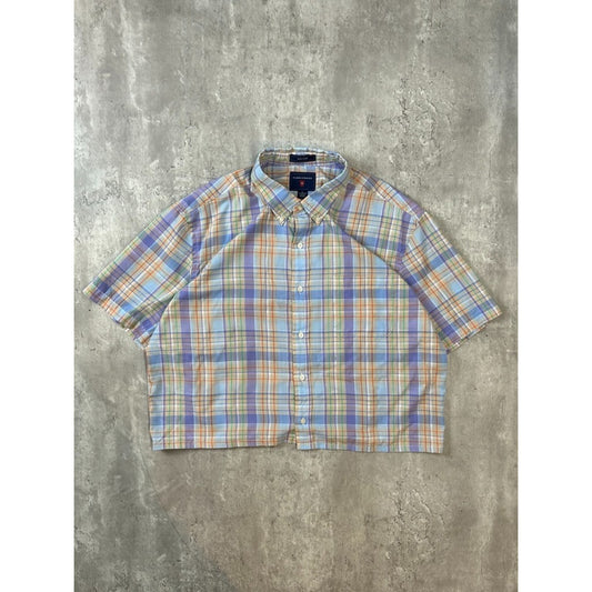 Vintage Saddlebred Plaid Short Sleeve Reworked Cropped Button Up Shirt Size XL