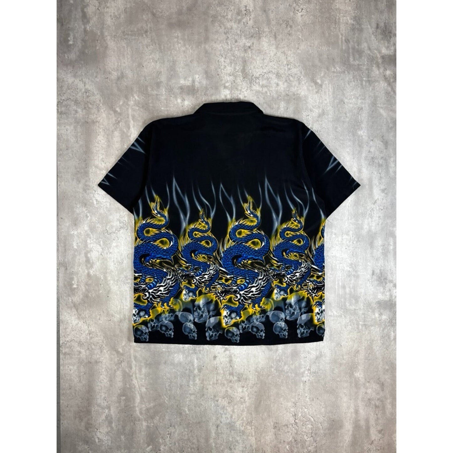 Vintage Y2K Flame Skull Dragon All Over Print Button Up Shirt Size XL