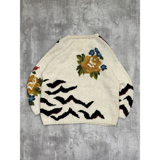 Vintage 90s Bronte Floral Striped Print Pullover Knit Sweater Size Medium