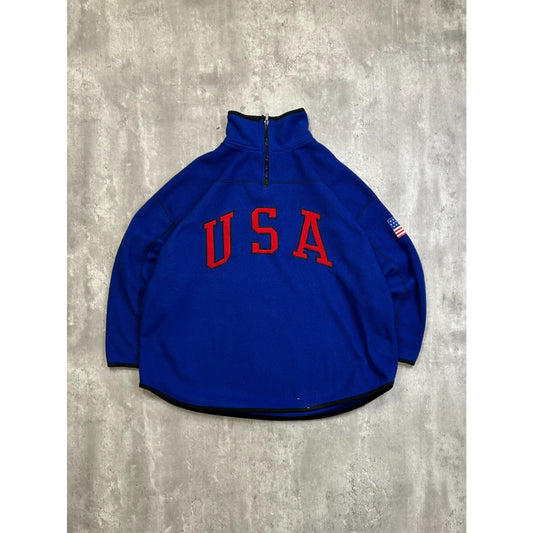 Vintage USA Embroidered Arc Spellout 1/4 Zip Fleece Sweatshirt Size 2XL