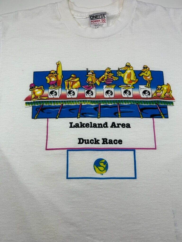 Vintage 90s Lakeland Area Duck Race Cartoon Graphic T-Shirt Size Large White