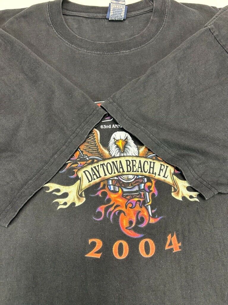 Vintage 2004 Daytona Bike Week Bald Eagle Flame Graphic T-Shirt Size 2XL Black