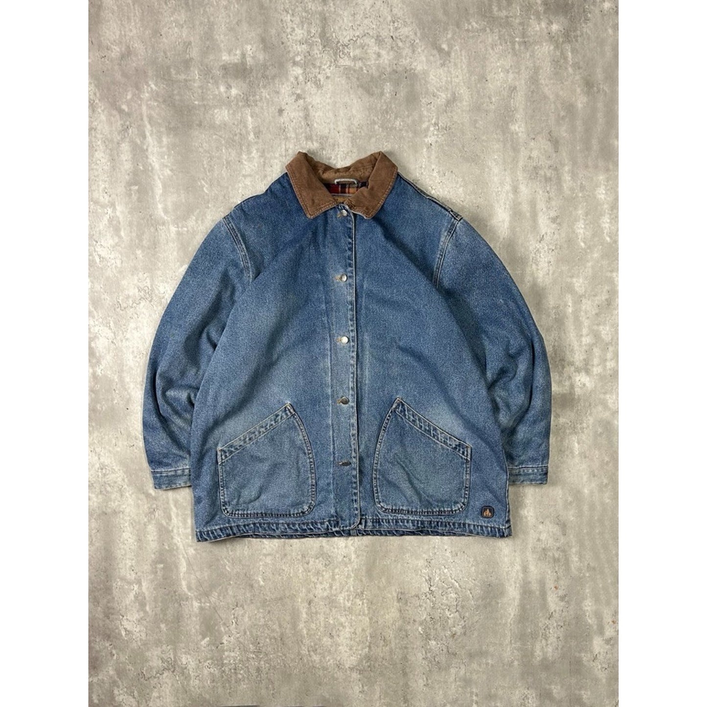 Vintage 90s RiverEdge Plaid Lined Light Wash Denim Workwear Chore Jacket Sz 2XL