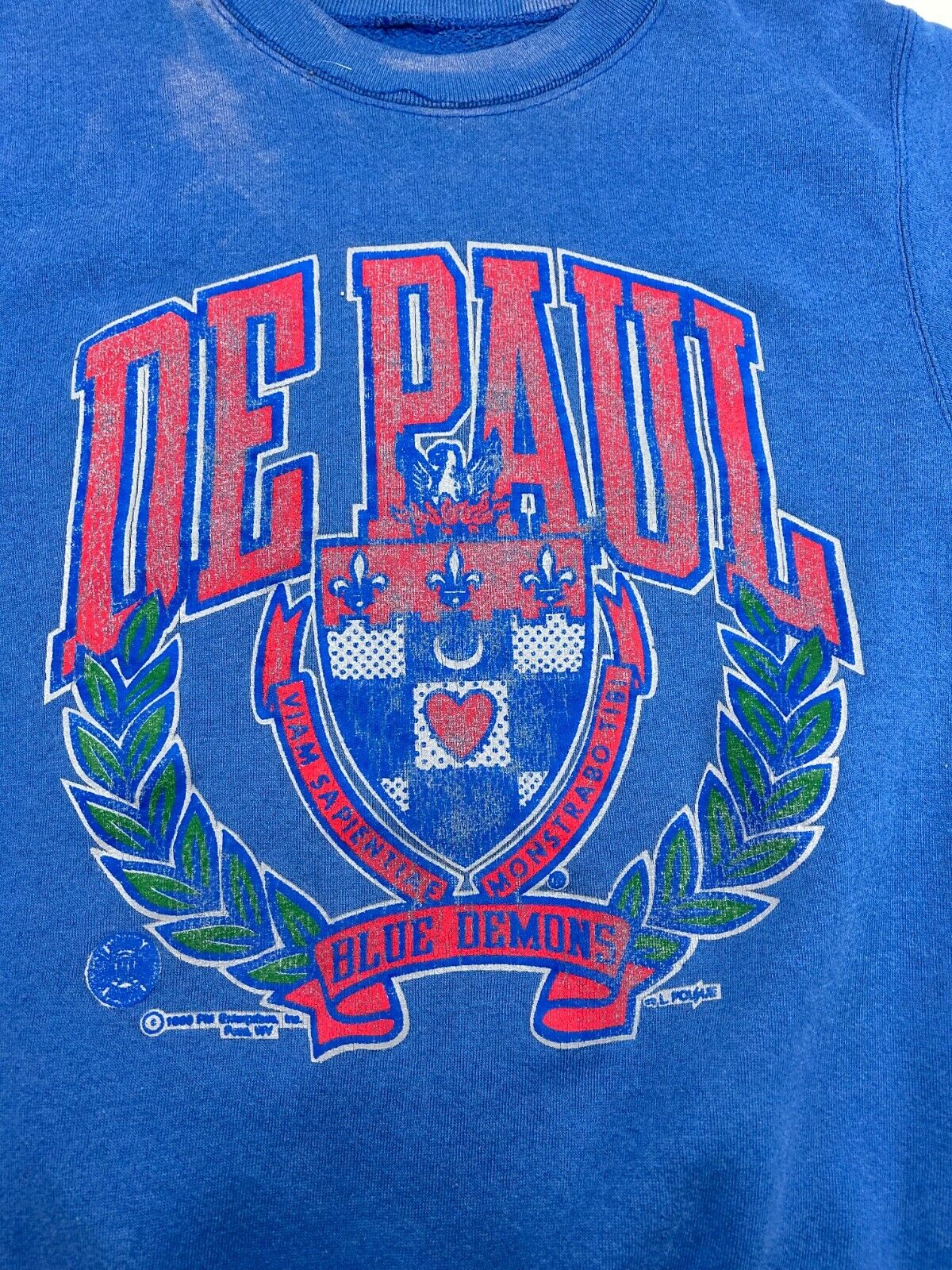 Vintage 1990 De Paul Blue Demons NCAA Crest Graphic Sweatshirt Size Medium