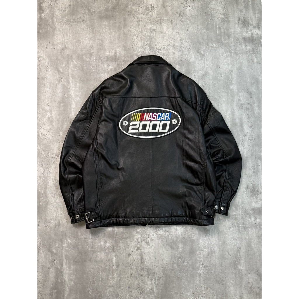 Vintage 2000 Nascar Embroidered Logo Leather Bomber Jacket Size XL
