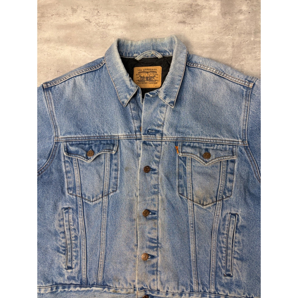 VTG 80s Levis Orange Tab Quilted Lined Medium Wash Denim Trucker Jacket Sz Large