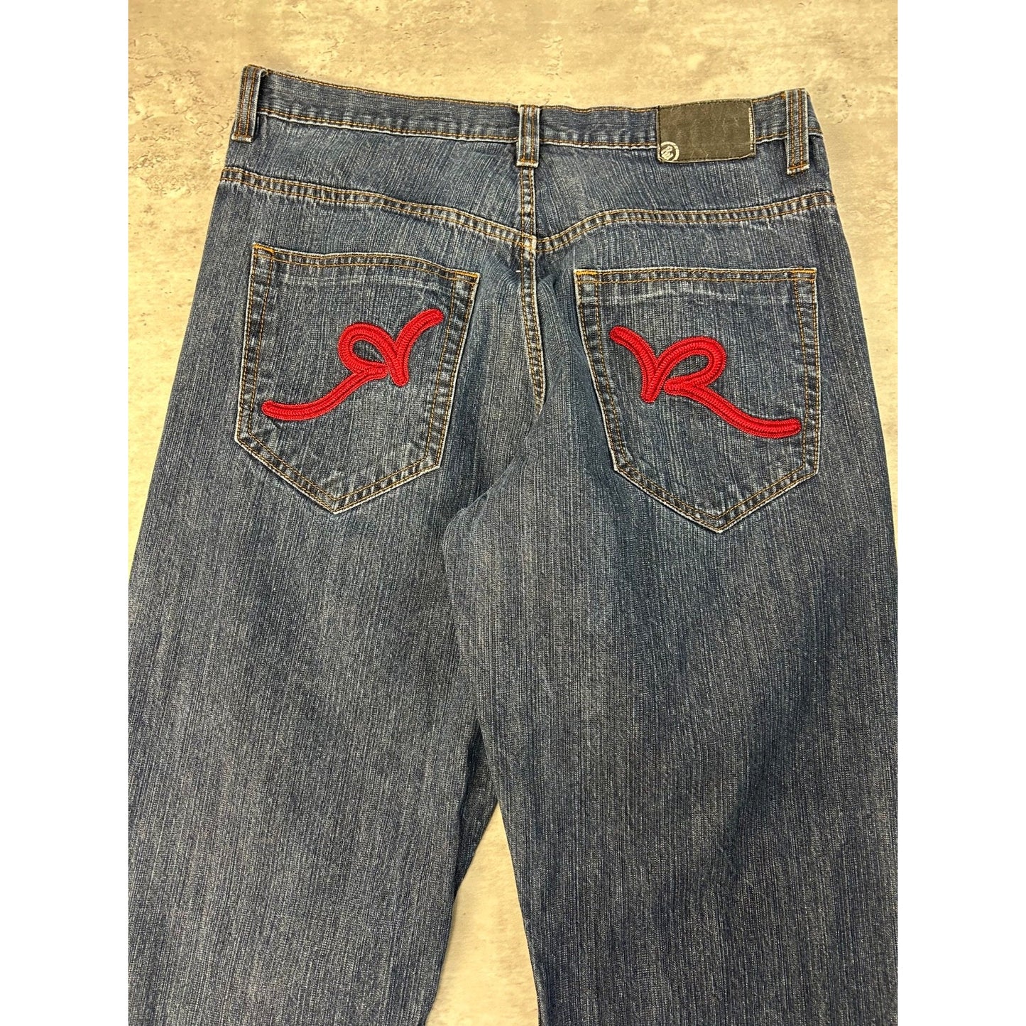 Vintage Y2K Roca Wear Embroidered Pockets Dark Wash Denim Pants Size 35