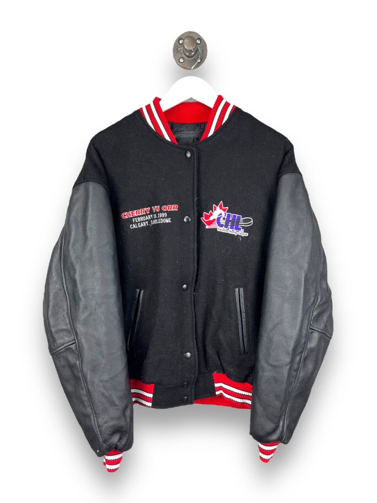 Vintage 1999 CHL Hockey Cherry vs Orr Calgary Varsity Jacket Size Medium 90s