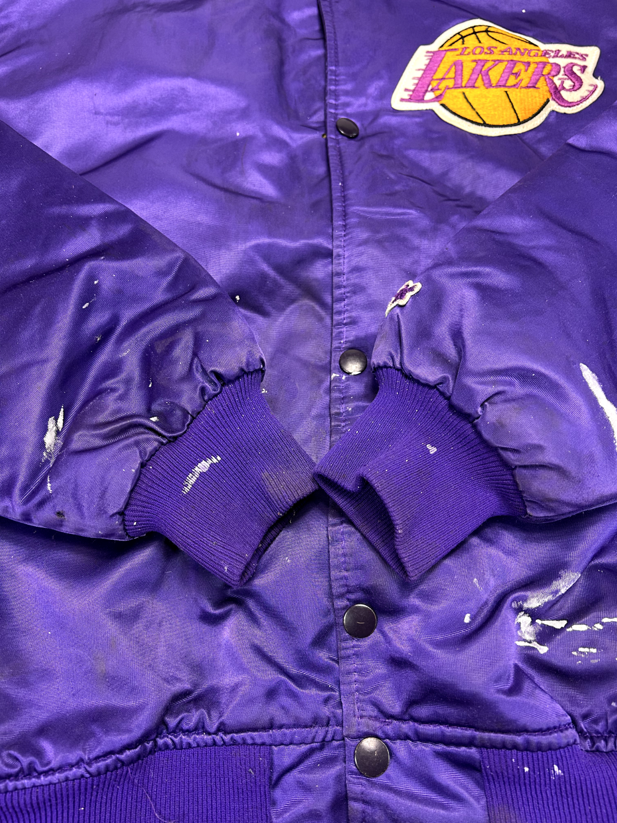 Vintage 80s Los Angeles Lakers Embroidered Satin Starter Bomber Jacket Sz Large