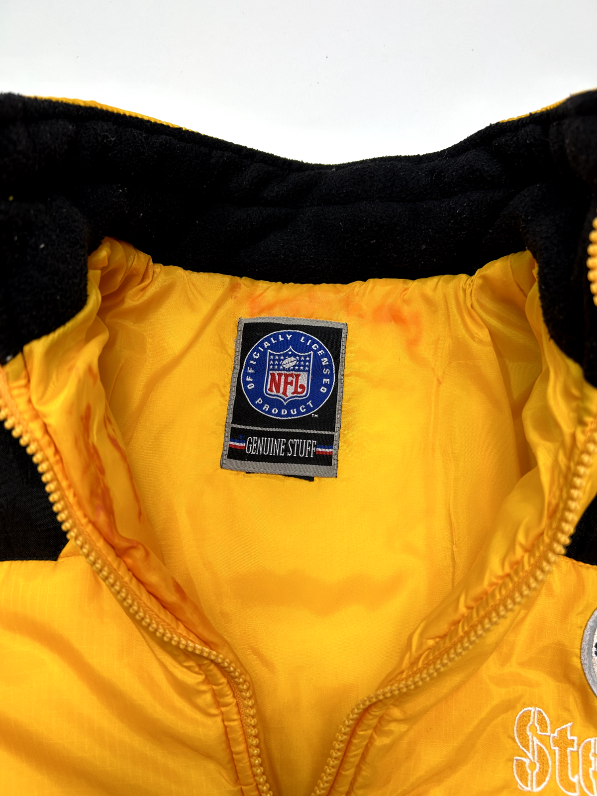 Vintage 90s Pittsburgh Steelers Spellout Embroidered Puffer Jacket Size Small