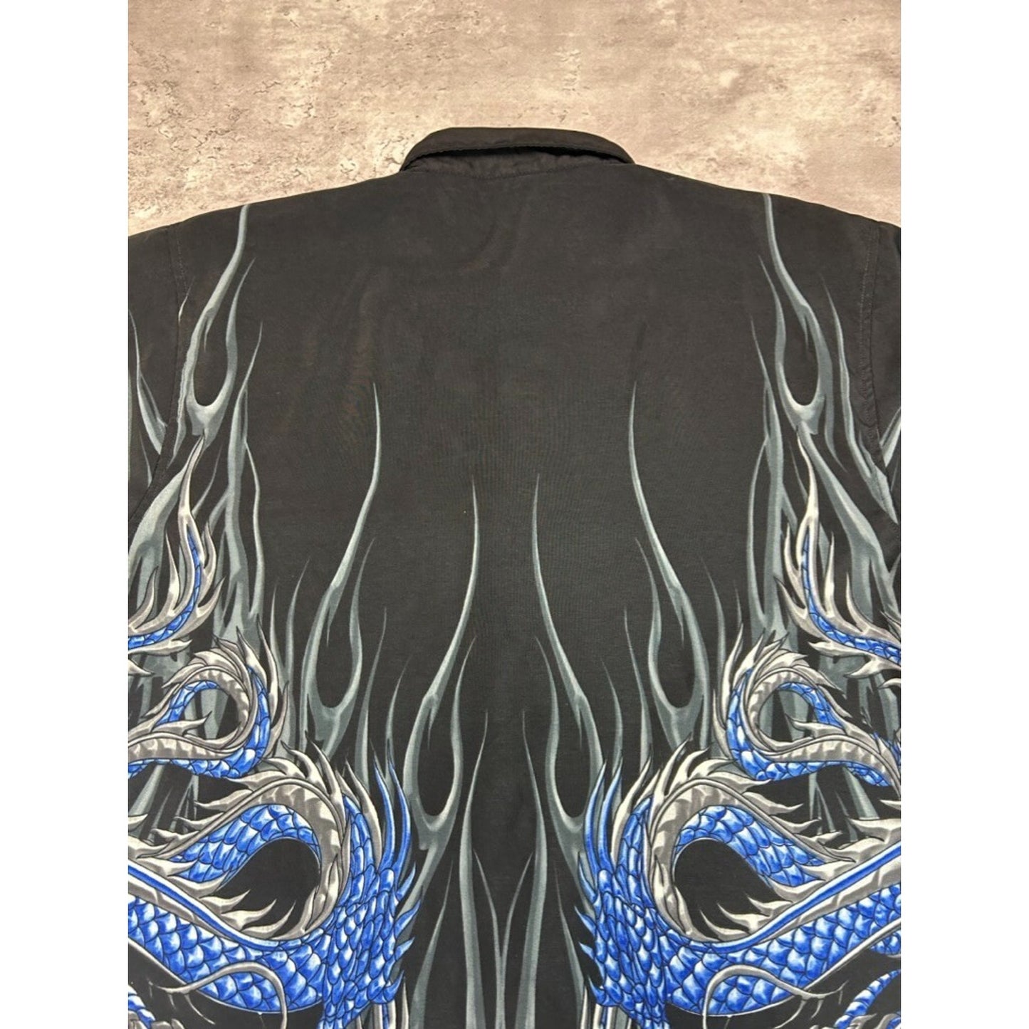 Vintage Y2K Flame Dragon All Over Print Short Sleeve Button Up Shirt Size Medium