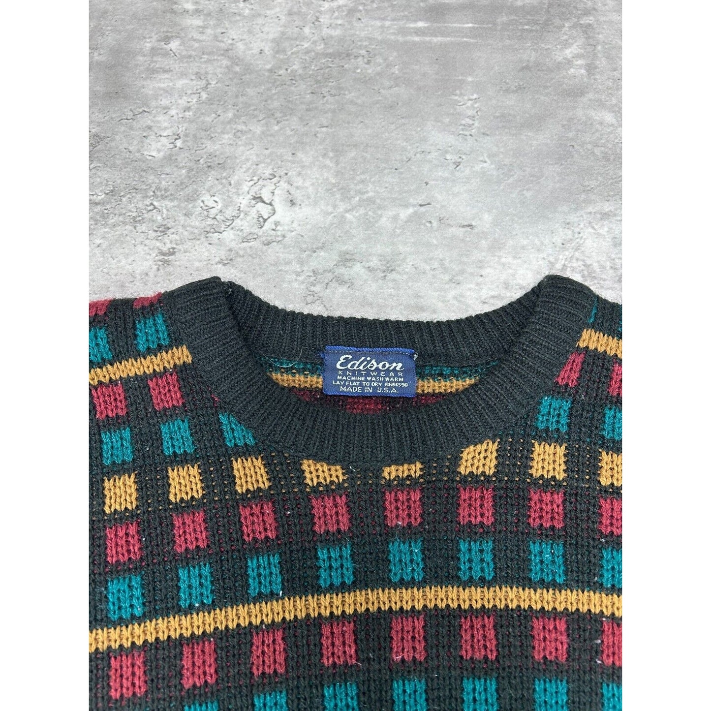 Vintage 90s Edison Geometric Print Ribbed Pullover Knit Sweater Size Large