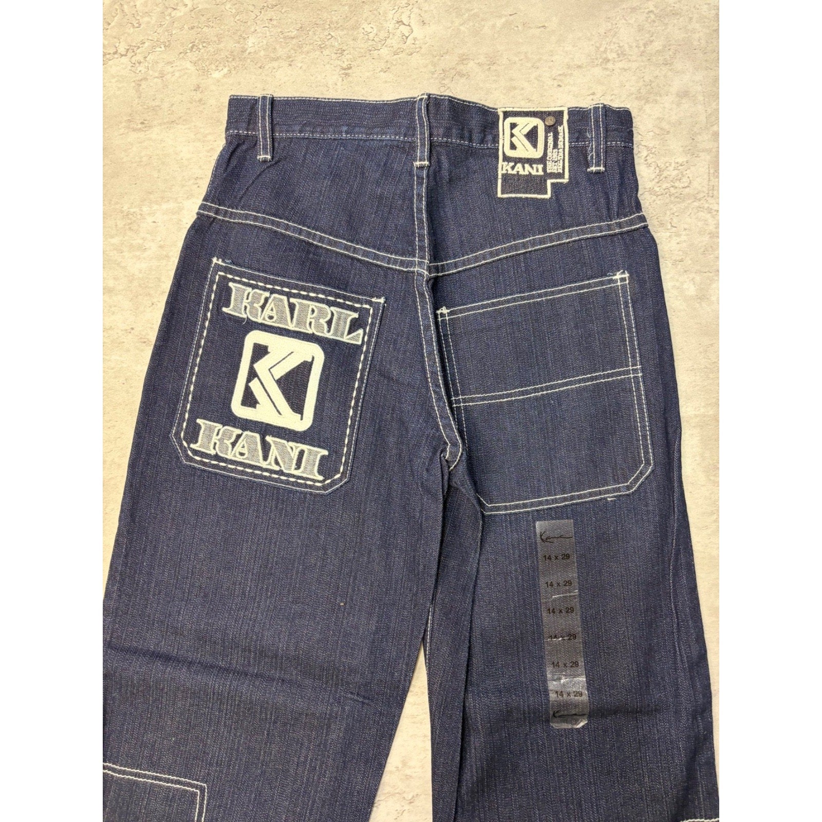 Vintage Y2K Womens Kani Contrast Stitched Spellout Dark Wash Denim Pants