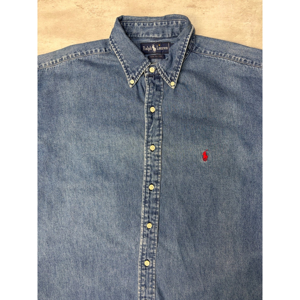 Vintage Polo Ralph Lauren Embroidered Pony Dark Wash Button Up Shirt Size XL